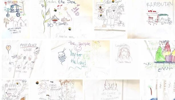 A collage with paintings of participants of the Pride race 2023.